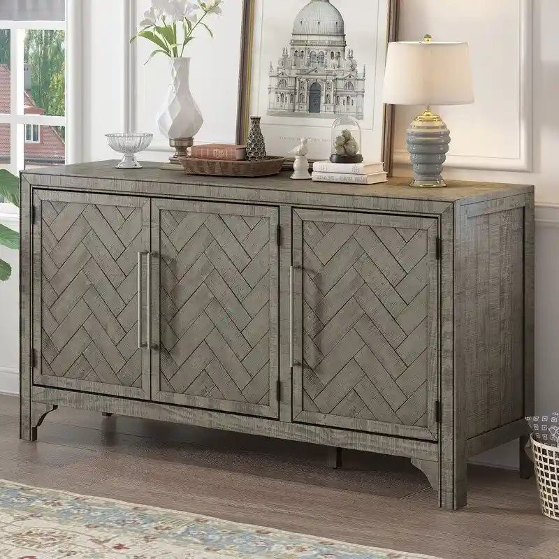 Buffet 3 portes 60 po, bleu marine/gris, placage de pin, MDF