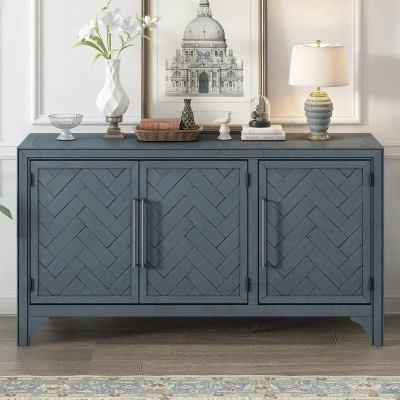 Buffet 3 portes 60 po, bleu marine/gris, placage de pin, MDF