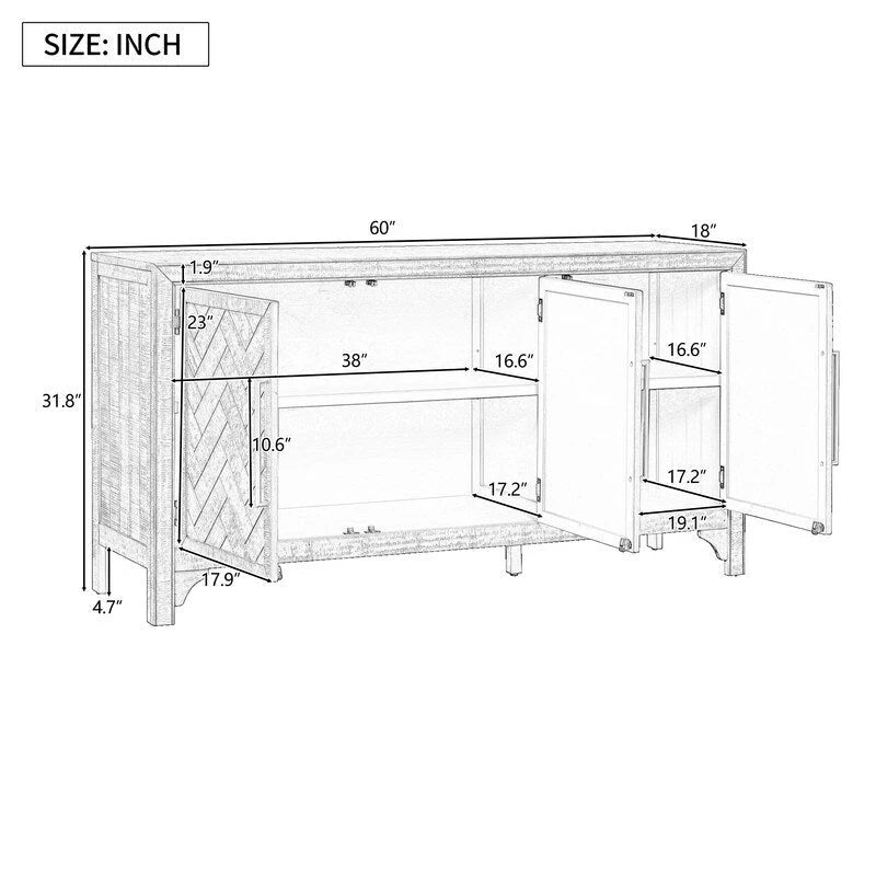 Buffet 3 portes 60 po, bleu marine/gris, placage de pin, MDF
