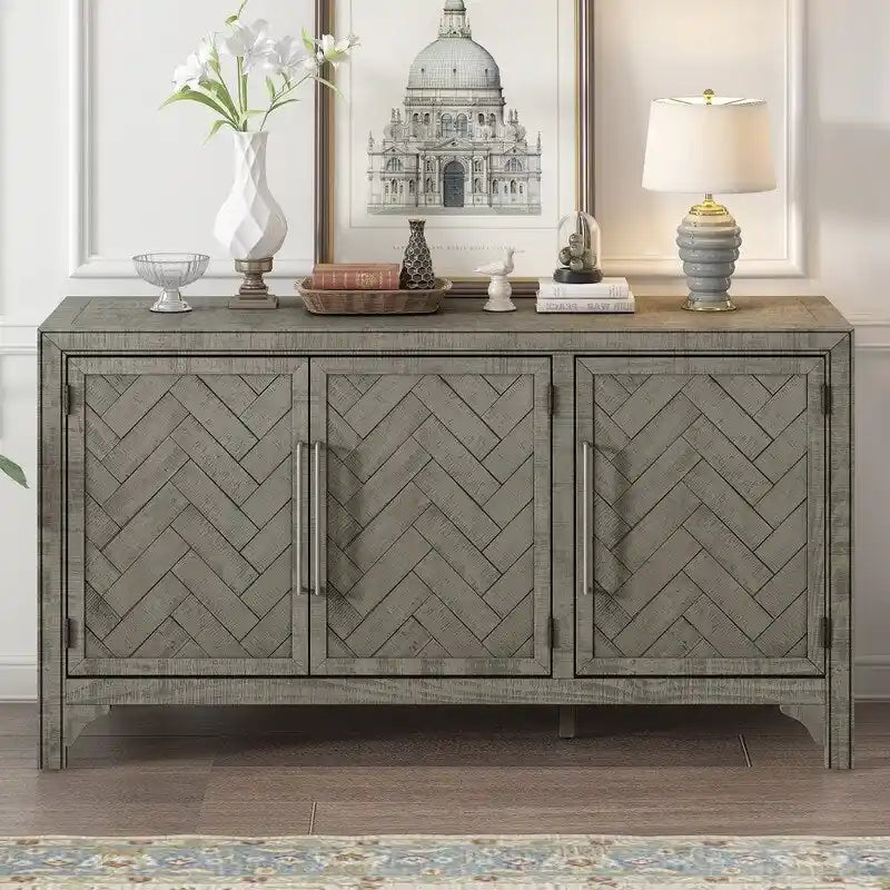 Buffet 3 portes 60 po, bleu marine/gris, placage de pin, MDF