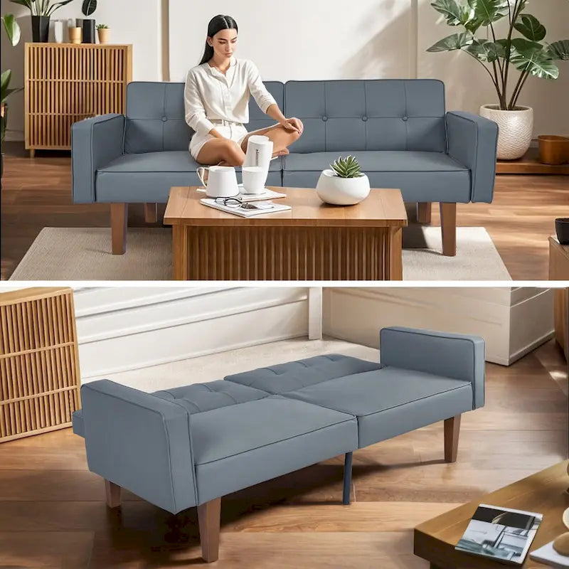 Canapé futon convertible 2 places en lin gris