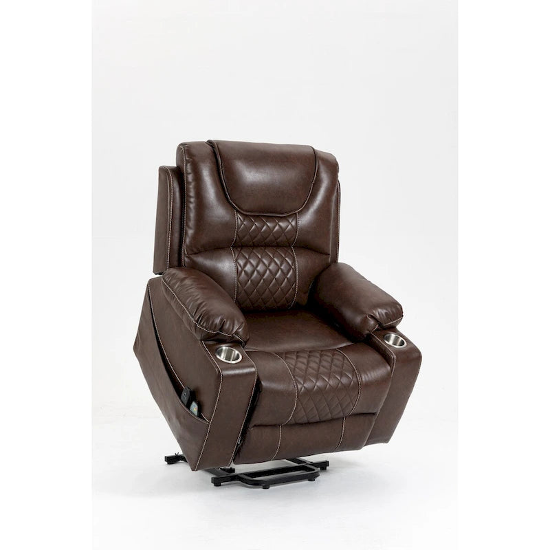 Fauteuil inclinable électrique en cuir marron 1 place, avec fonction massage et chauffage, porte-gobelets