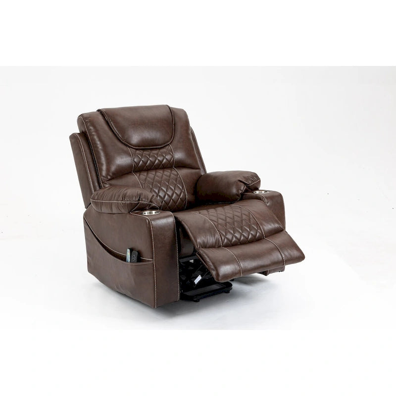 Fauteuil inclinable électrique en cuir marron 1 place, avec fonction massage et chauffage, porte-gobelets