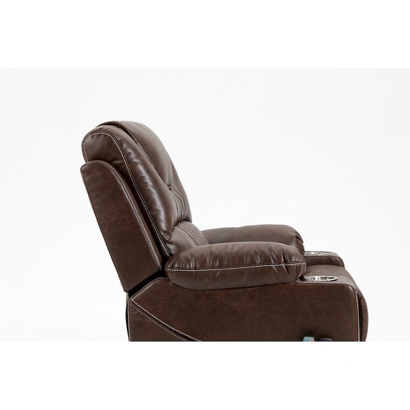 Fauteuil inclinable électrique en cuir marron 1 place, avec fonction massage et chauffage, porte-gobelets