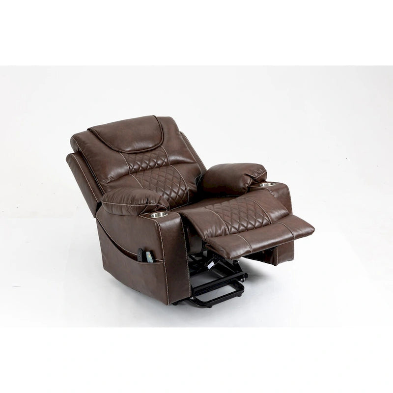 Fauteuil inclinable électrique en cuir marron 1 place, avec fonction massage et chauffage, porte-gobelets