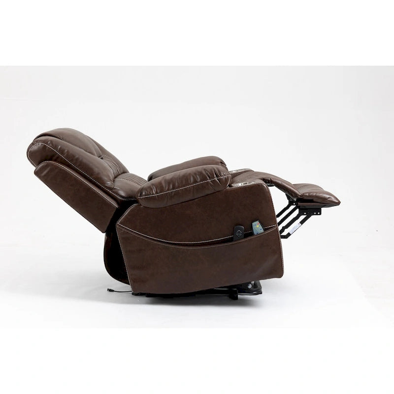 Fauteuil inclinable électrique en cuir marron 1 place, avec fonction massage et chauffage, porte-gobelets