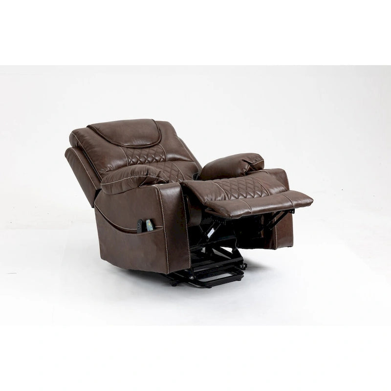 Fauteuil inclinable électrique en cuir marron 1 place, avec fonction massage et chauffage, porte-gobelets