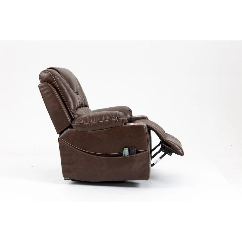 Fauteuil inclinable électrique en cuir marron 1 place, avec fonction massage et chauffage, porte-gobelets