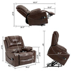 Fauteuil inclinable électrique en cuir marron 1 place, avec fonction massage et chauffage, porte-gobelets