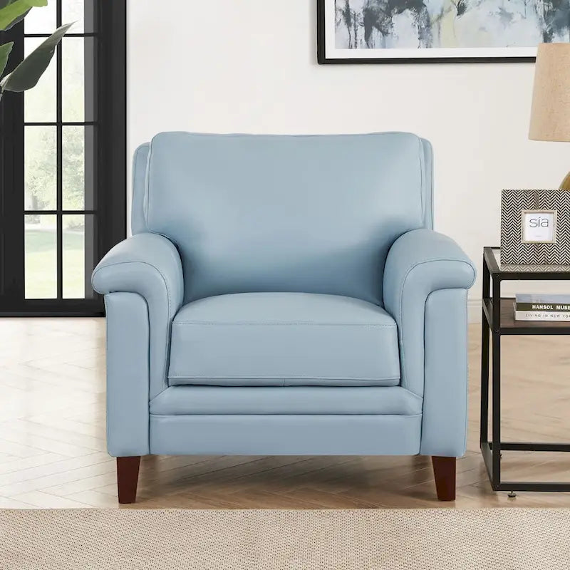 Fauteuil d'appoint en cuir pleine fleur gris argenté / blanc vanille / bleu spa, une place