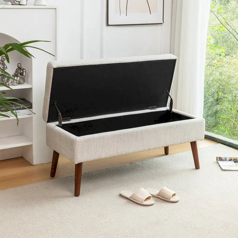 Banc de rangement capitonné en lin blanc cassé, une place
