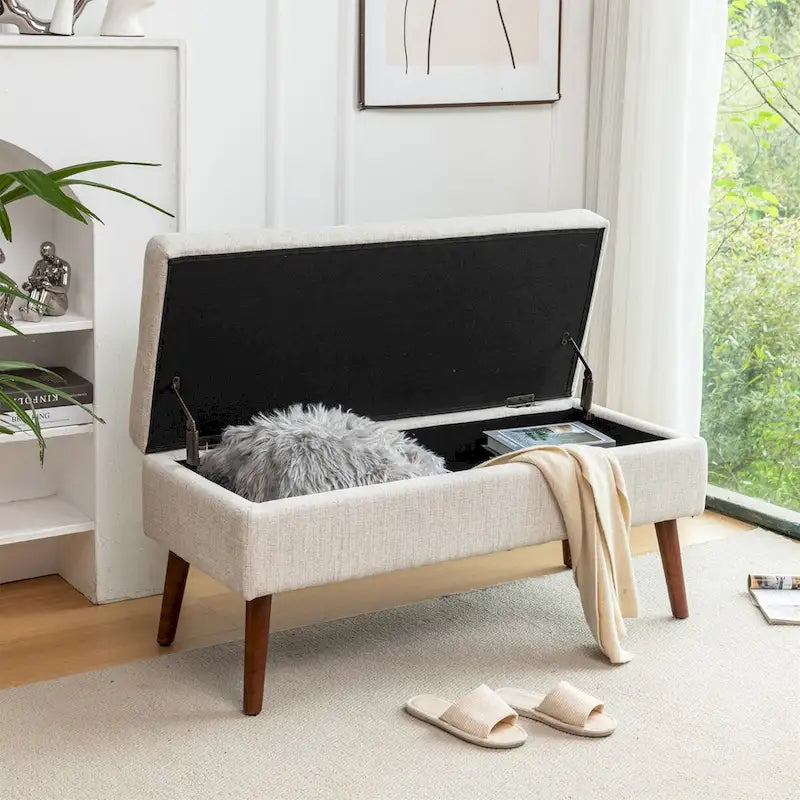 Banc de rangement capitonné en lin blanc cassé, une place
