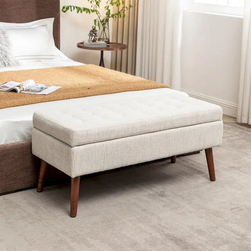 Banc de rangement capitonné en lin blanc cassé, une place