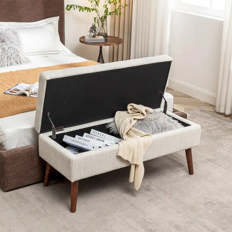 Banc de rangement capitonné en lin blanc cassé, une place