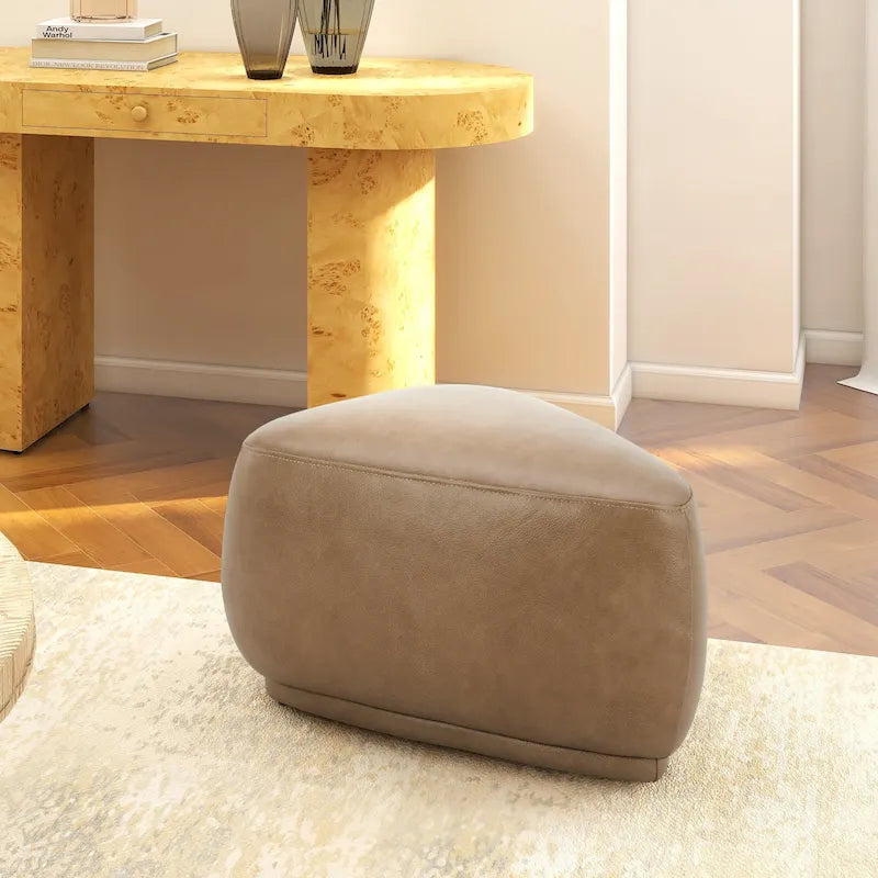 Ottoman triangulaire arrondi 1 place en tweed moutarde / cuir marron clair
