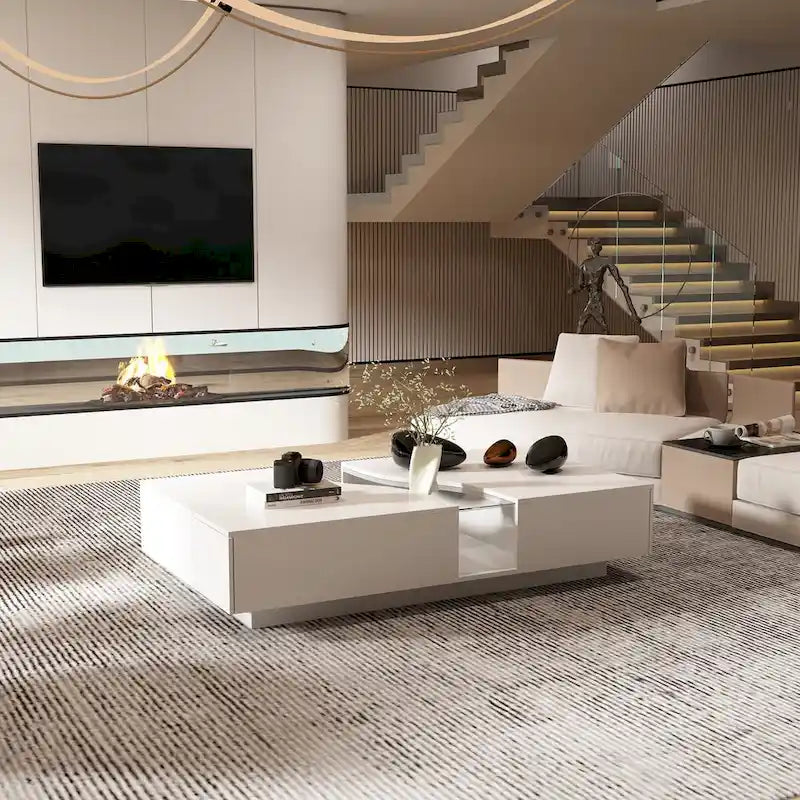 Table basse blanche à 2 tiroirs avec plateau en verre et éclairage LED