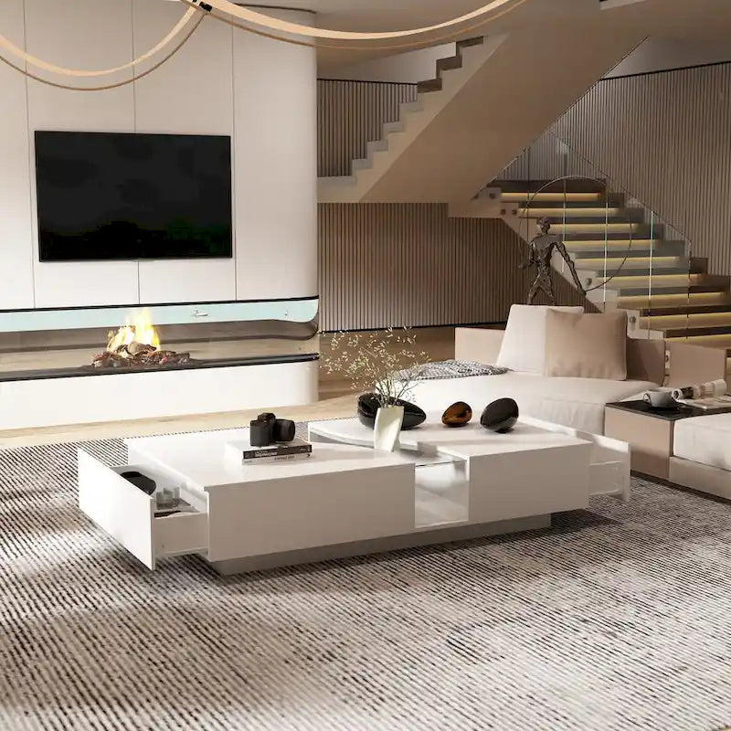 Table basse blanche à 2 tiroirs avec plateau en verre et éclairage LED