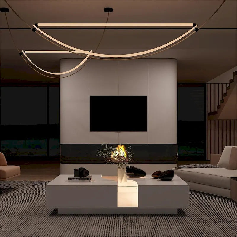 Table basse blanche à 2 tiroirs avec plateau en verre et éclairage LED