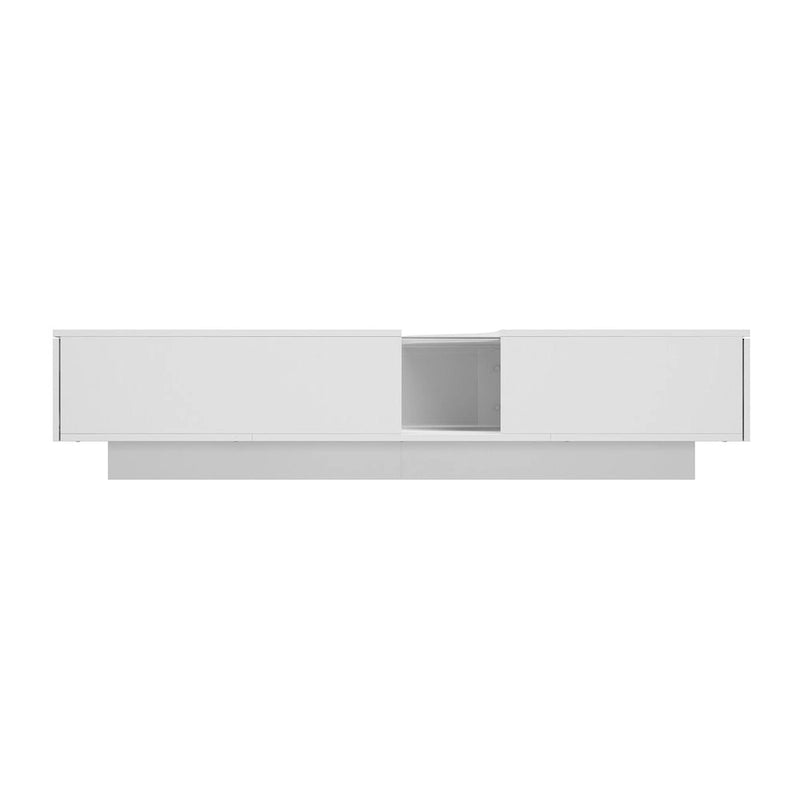 Table basse blanche à 2 tiroirs avec plateau en verre et éclairage LED
