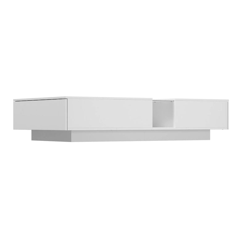 Table basse blanche à 2 tiroirs avec plateau en verre et éclairage LED