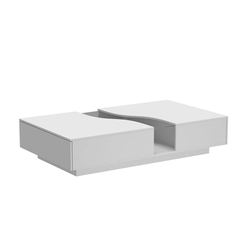 Table basse blanche à 2 tiroirs avec plateau en verre et éclairage LED