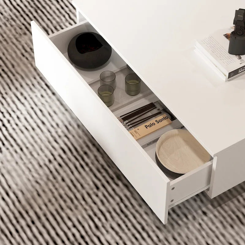 Table basse blanche à 2 tiroirs avec plateau en verre et éclairage LED