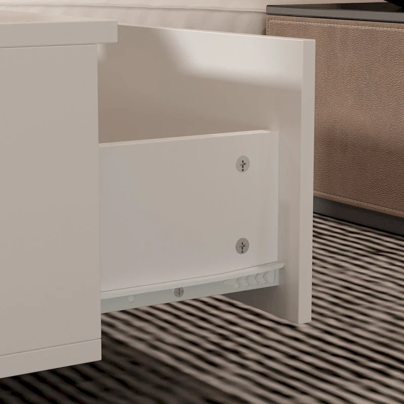 Table basse blanche à 2 tiroirs avec plateau en verre et éclairage LED