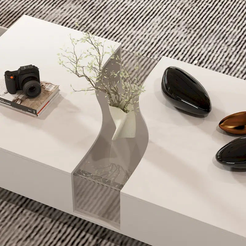 Table basse blanche à 2 tiroirs avec plateau en verre et éclairage LED