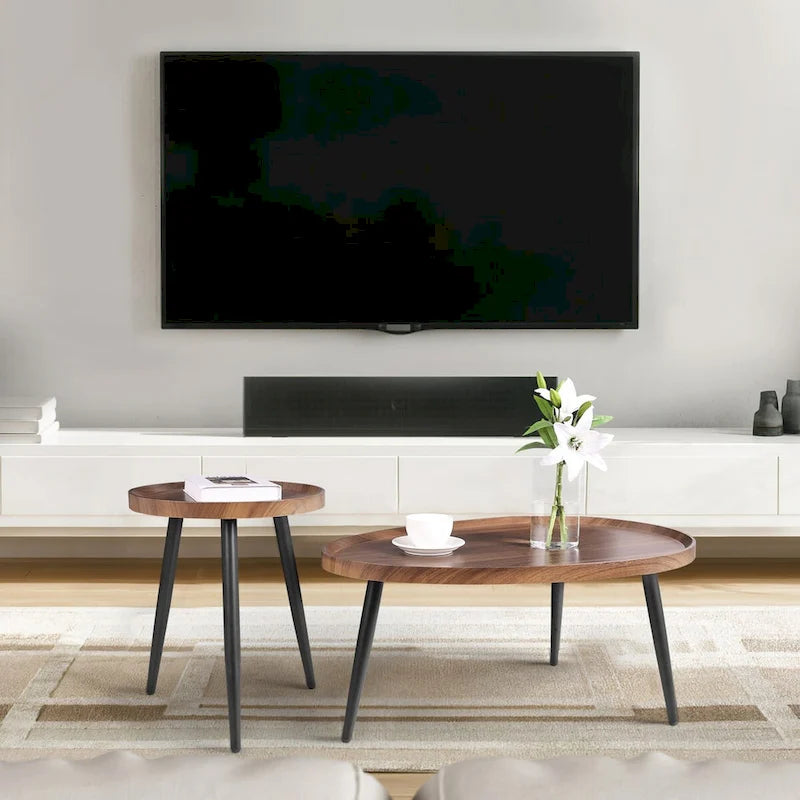 Tables gigognes rondes, Noyer et noir, Lot de 2