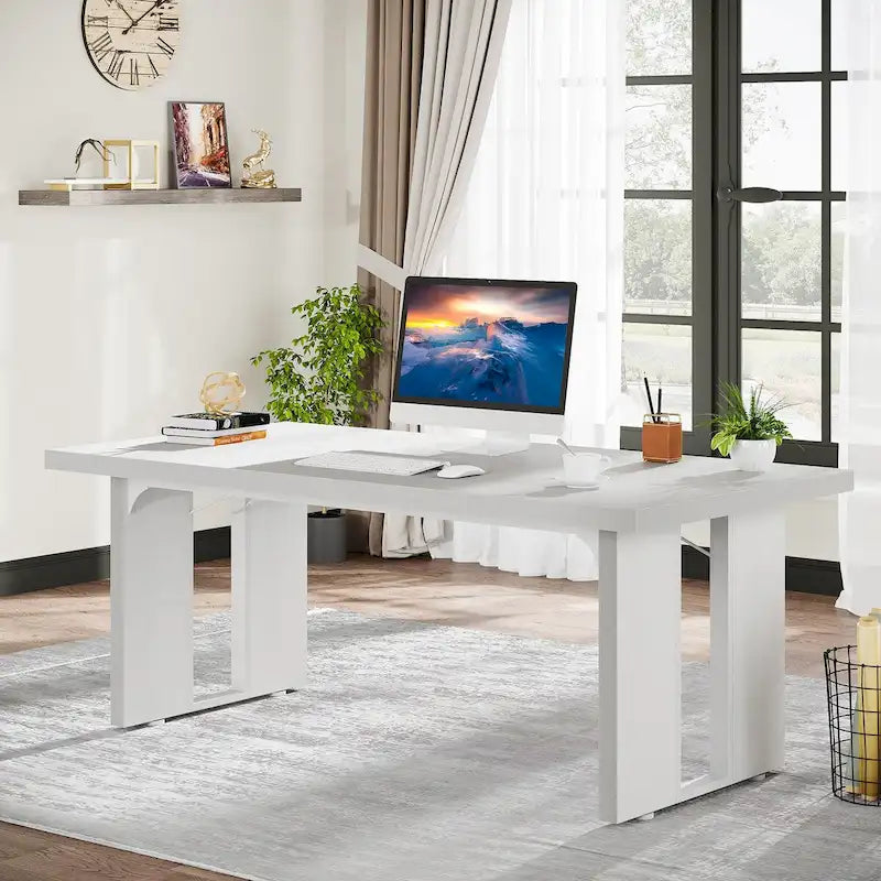 Grand bureau de ferme blanc/marron/gris, pour 6 à 8 personnes, 180 cm