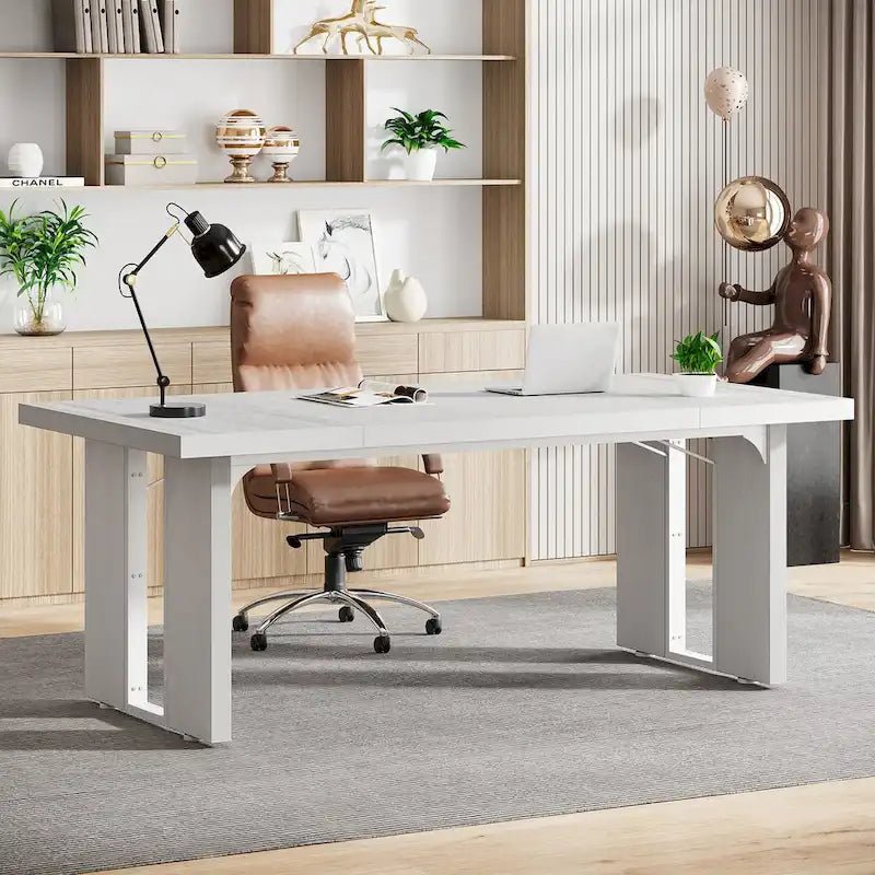 Grand bureau de ferme blanc/marron/gris, pour 6 à 8 personnes, 180 cm