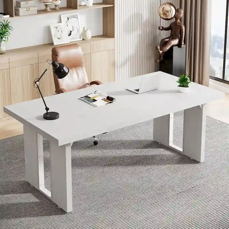Grand bureau de ferme blanc/marron/gris, pour 6 à 8 personnes, 180 cm