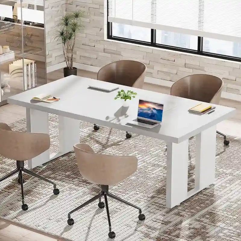 Grand bureau de ferme blanc/marron/gris, pour 6 à 8 personnes, 180 cm