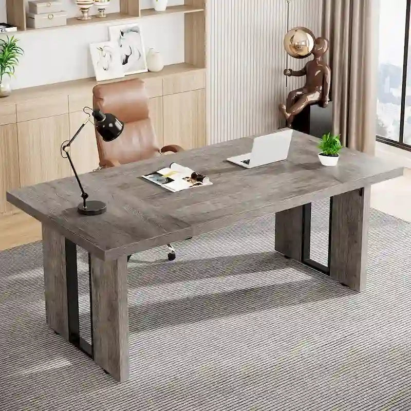 Grand bureau de ferme blanc/marron/gris, pour 6 à 8 personnes, 180 cm