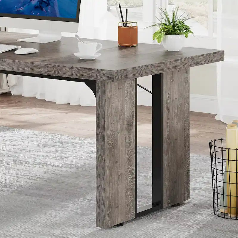Grand bureau de ferme blanc/marron/gris, pour 6 à 8 personnes, 180 cm