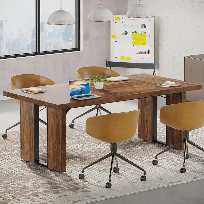 Grand bureau de ferme blanc/marron/gris, pour 6 à 8 personnes, 180 cm