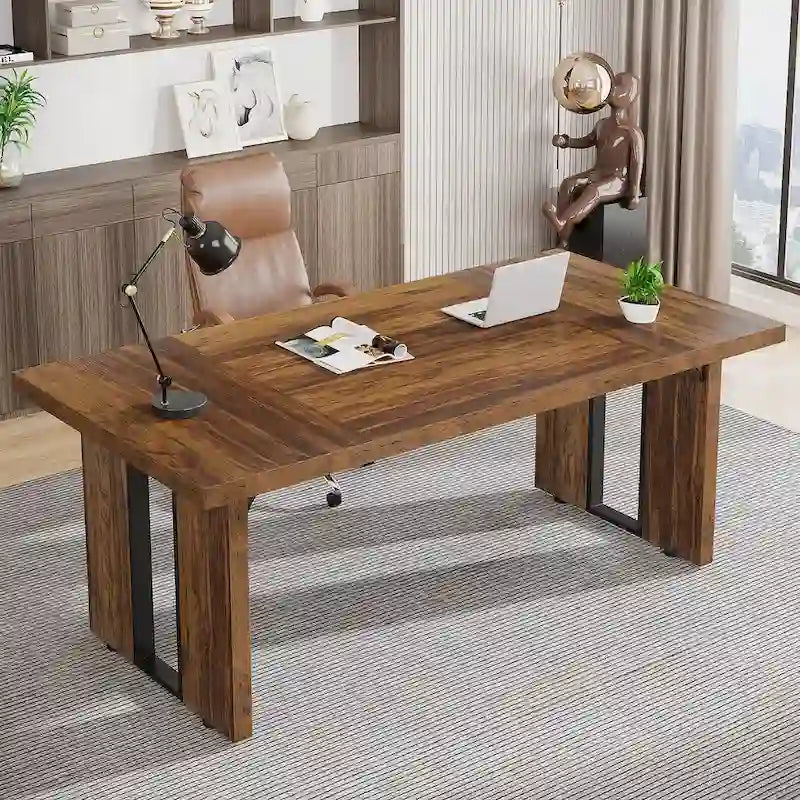 Grand bureau de ferme blanc/marron/gris, pour 6 à 8 personnes, 180 cm