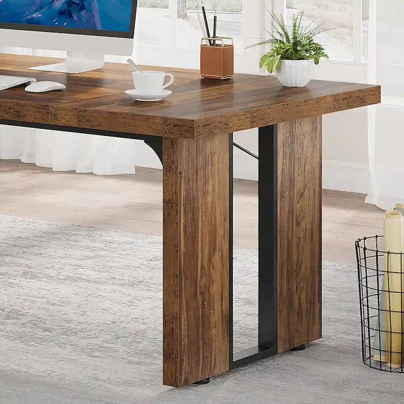 Grand bureau de ferme blanc/marron/gris, pour 6 à 8 personnes, 180 cm