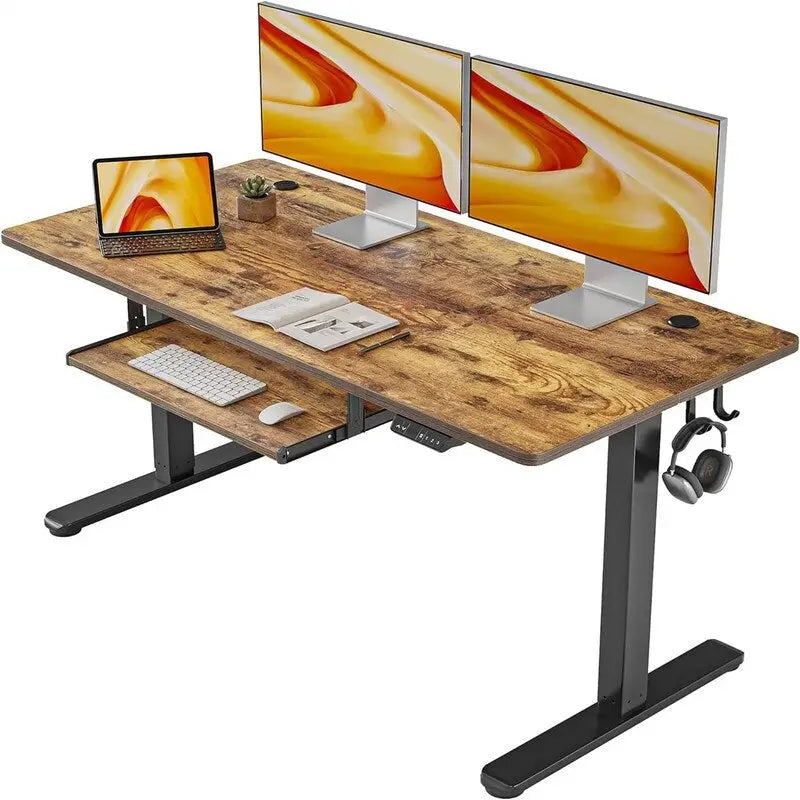Bureau assis-debout électrique, marron rustique, une personne, réglable en hauteur
