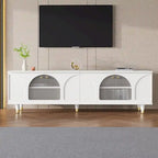 Mieres TV Stand for TVs Up to 78, Entertainment Center with Adjustable Shelves, Gold Handles and Arch Fluted Glass Doors