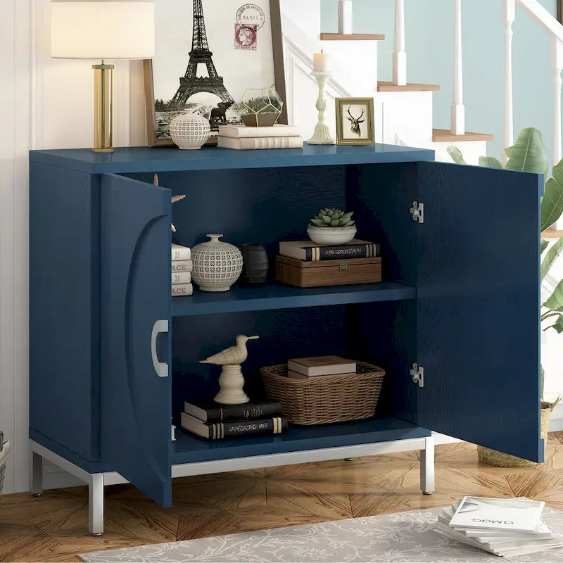 Buffet 2 portes, Placage Bois & Pieds Métal, Bleu / Noir / Blanc