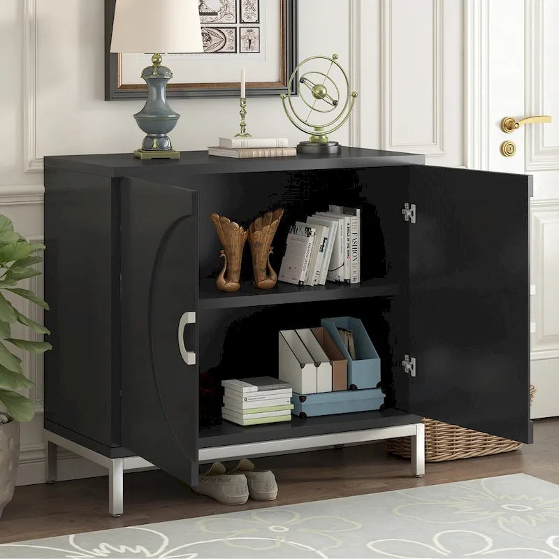 Buffet 2 portes, Placage Bois & Pieds Métal, Bleu / Noir / Blanc