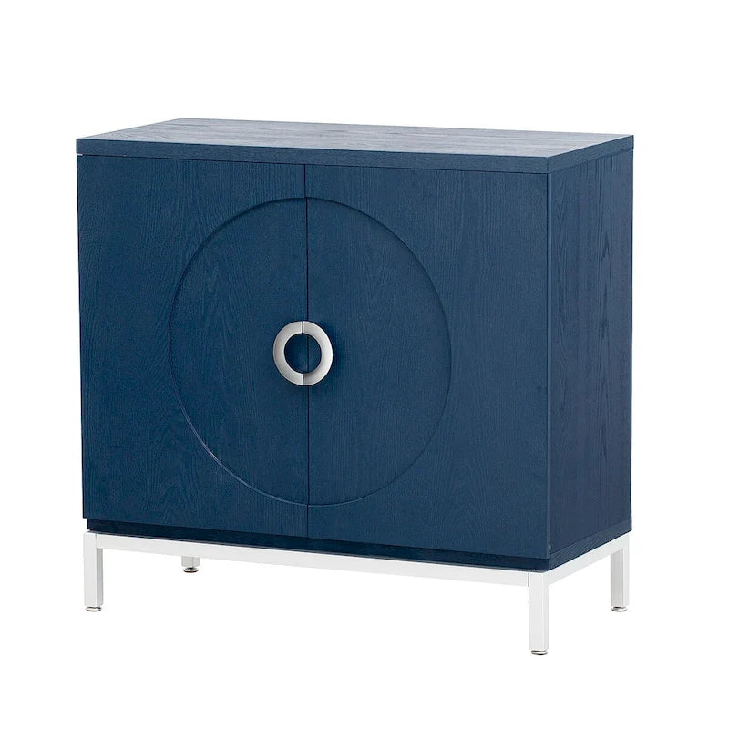 Buffet 2 portes, Placage Bois & Pieds Métal, Bleu / Noir / Blanc