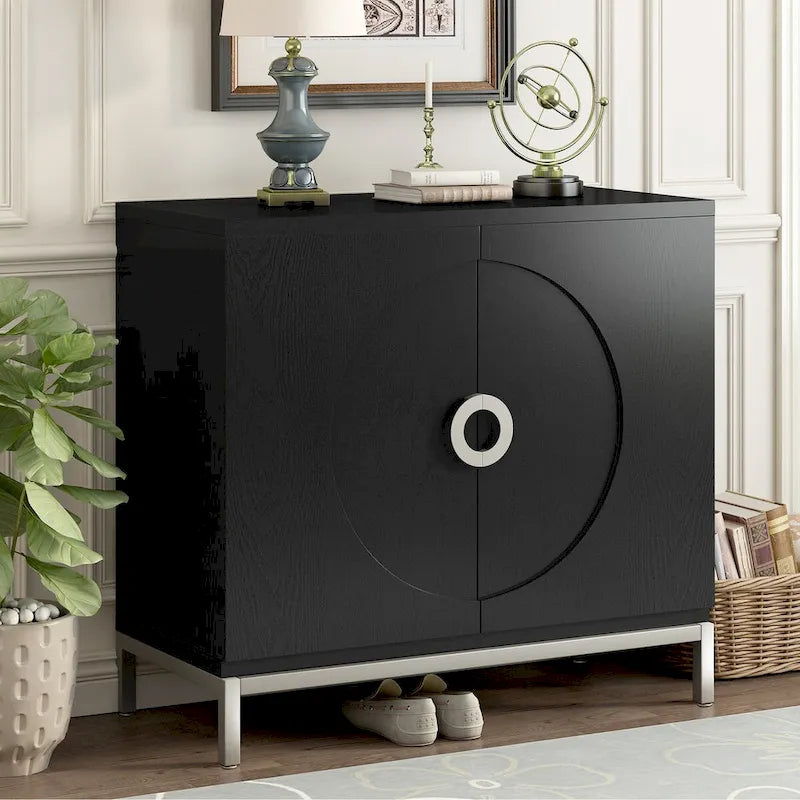 Buffet 2 portes, Placage Bois & Pieds Métal, Bleu / Noir / Blanc