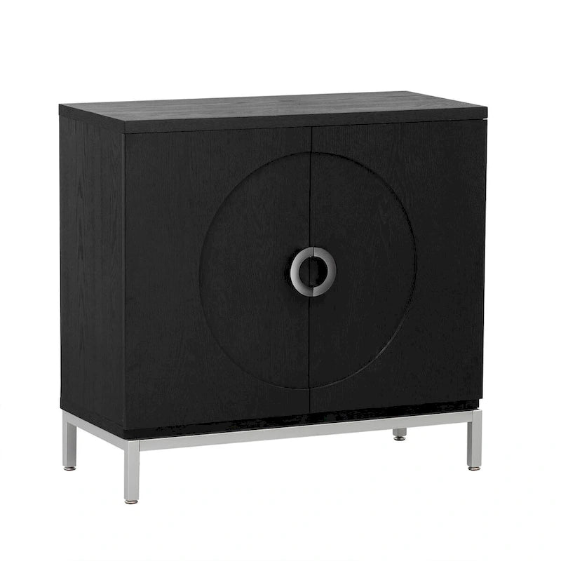 Buffet 2 portes, Placage Bois & Pieds Métal, Bleu / Noir / Blanc