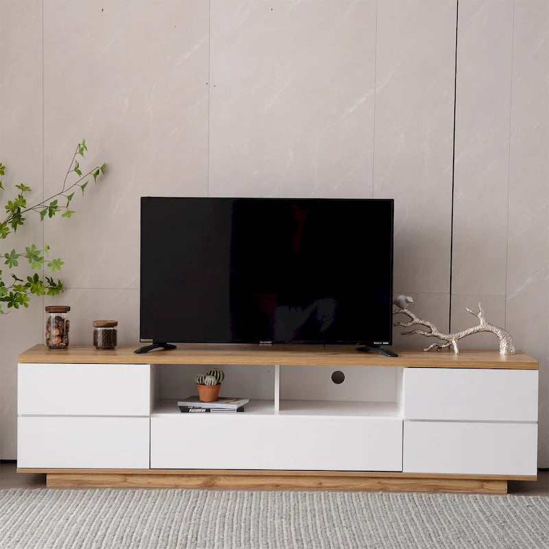 Meuble TV style moderne blanc/naturel pour téléviseurs jusqu'à 80 po