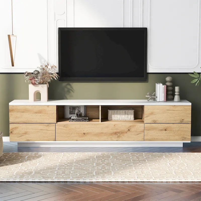 Meuble TV style moderne blanc/naturel pour téléviseurs jusqu'à 80 po