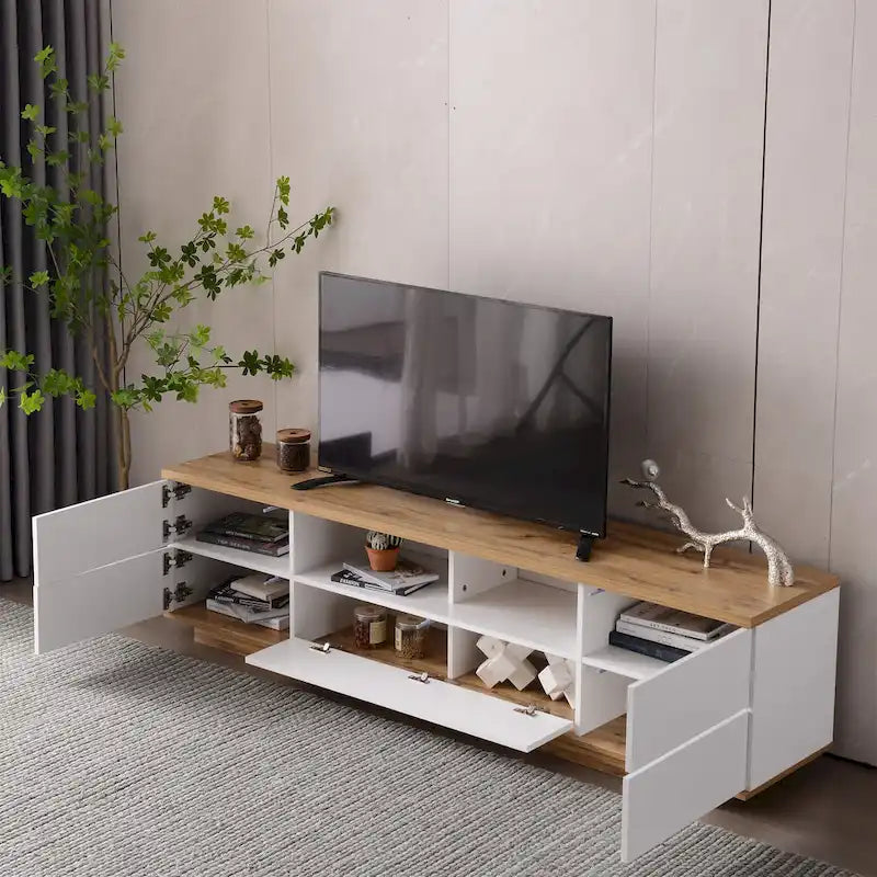 Meuble TV style moderne blanc/naturel pour téléviseurs jusqu'à 80 po