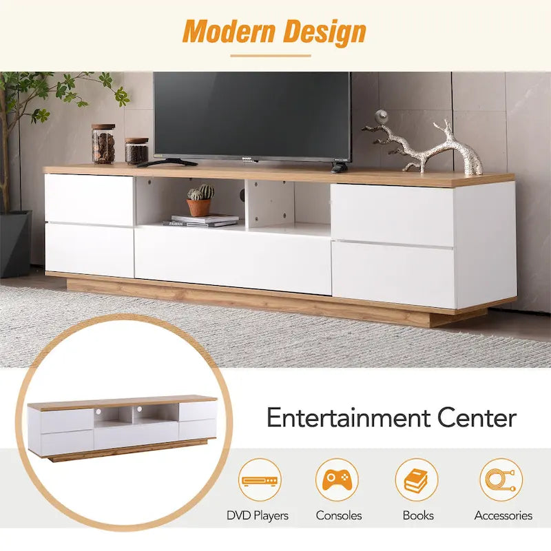 Meuble TV style moderne blanc/naturel pour téléviseurs jusqu'à 80 po