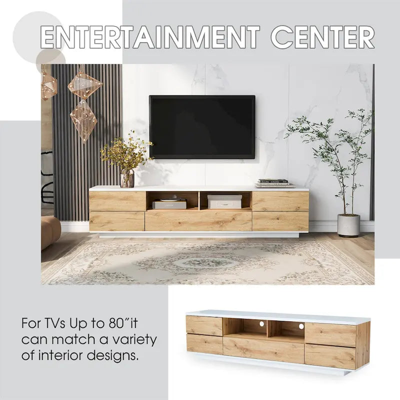 Meuble TV style moderne blanc/naturel pour téléviseurs jusqu'à 80 po